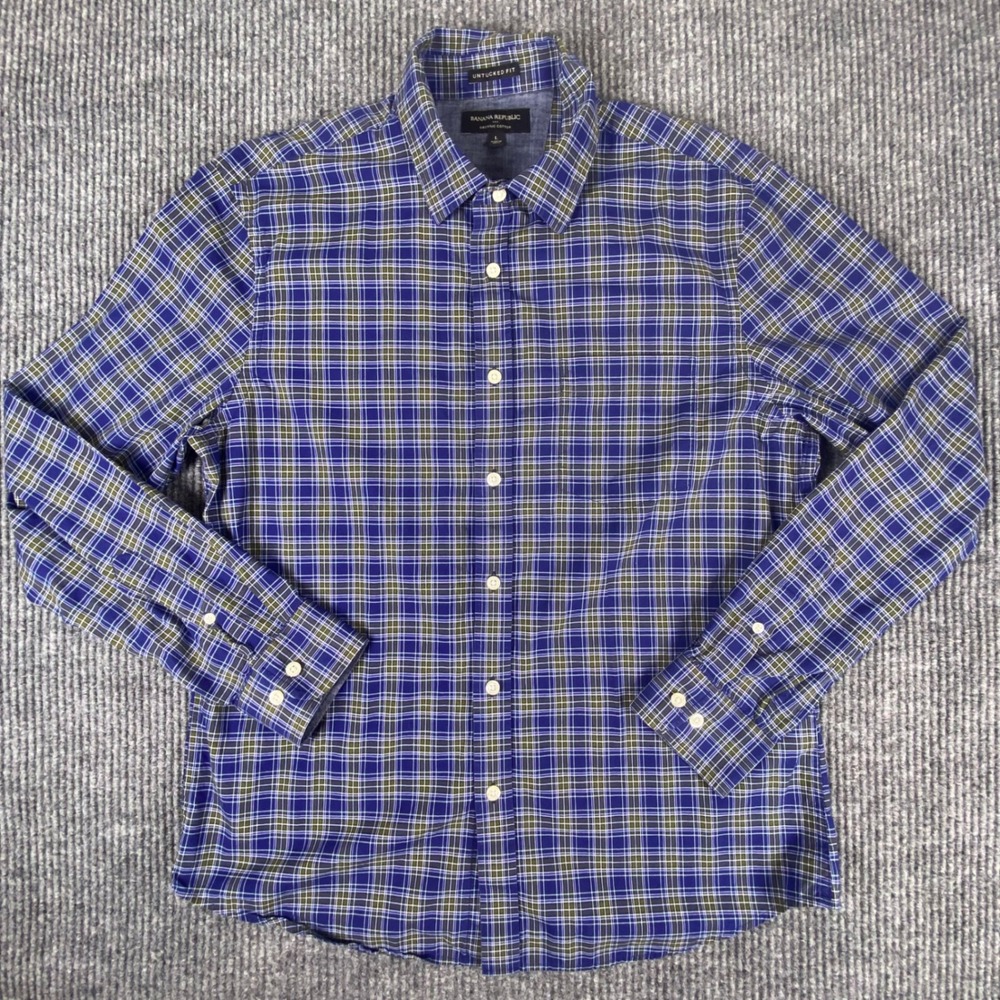 Lot of 2 Banana Republic L Shirts Blue Gingham Blue Green Plaid Untucked Cotton